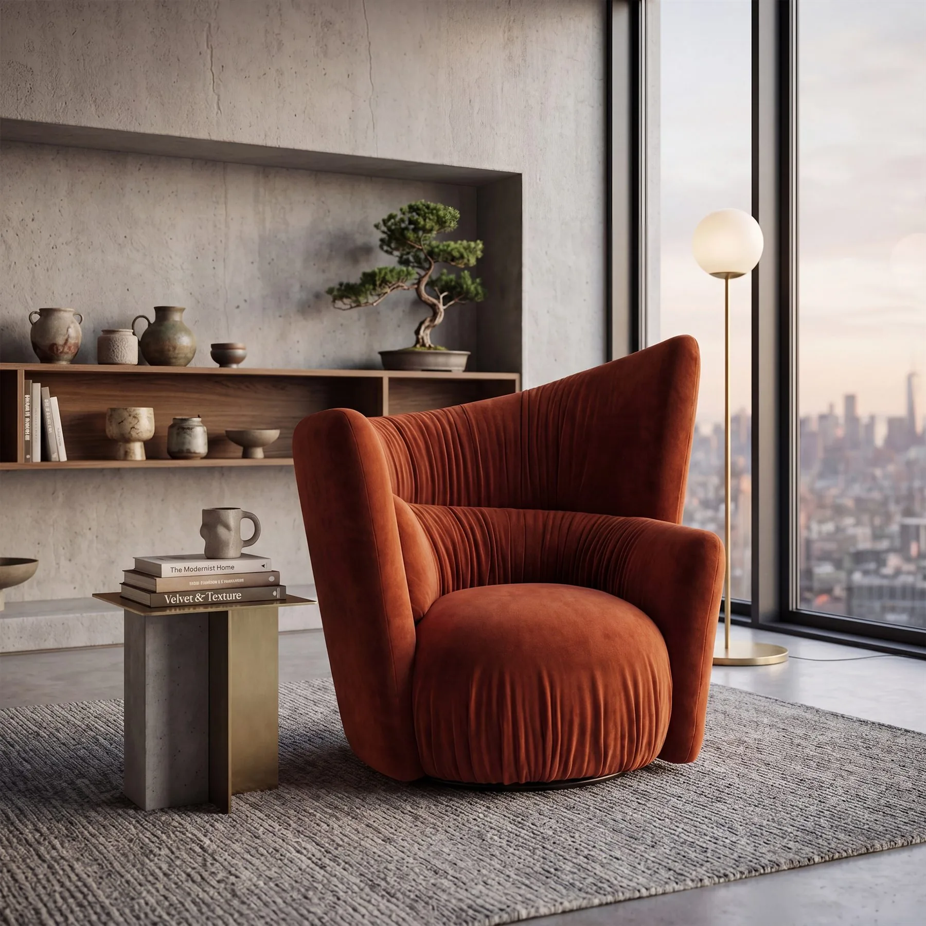 Fauteuil pivotant en velours terracotta