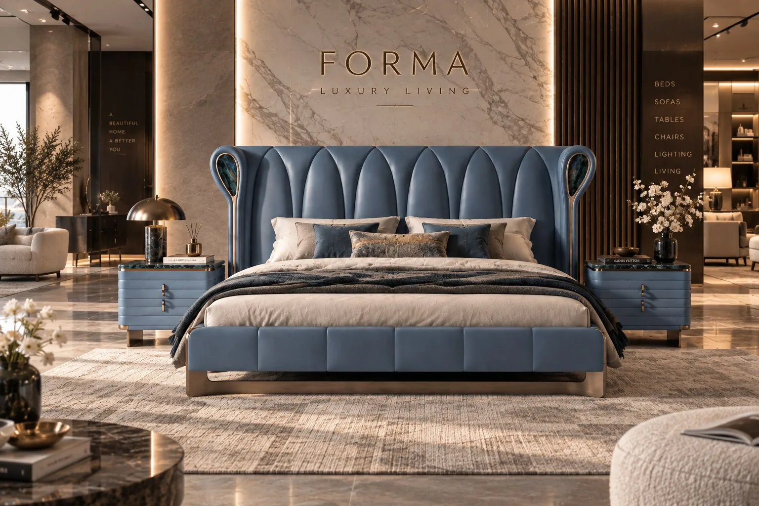 Lit en cuir bleu FORMA, showroom