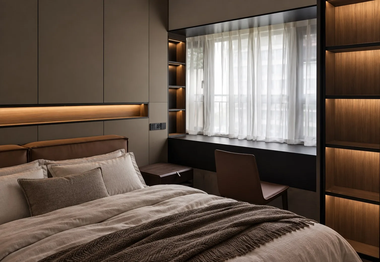 Chambre résidentielle, tête de lit en cuir cognac et menuiserie sur mesure